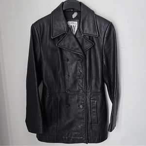 Jones New York JNY Double Breasted Black Pebbled Leather Peak Blazer Jacket Coat